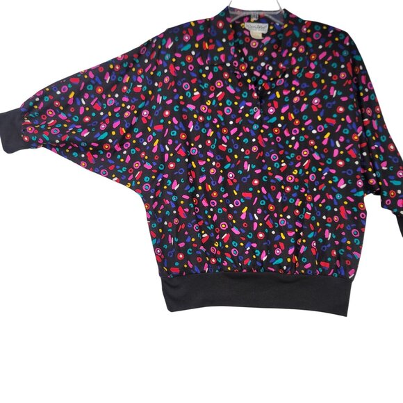 Vintage 80s Sanibel Sport Black Blouse Small Confetti Print USA Deadstock - Picture 1 of 9